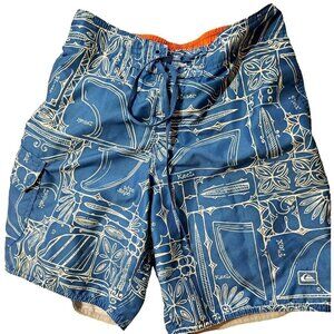 Quiksilver Men's Small Blue Print Swim Trunks Board Shorts Inseam 8" Waist 32"
